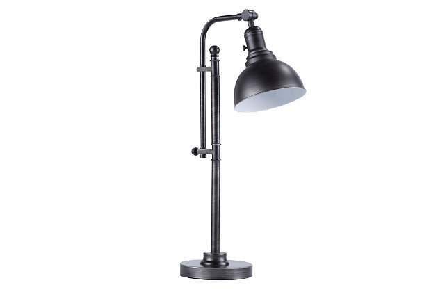 Style builds on itself. This table lamp’s simplistic design and black metal frame merge so well with many different decor schemes. Layer your likes to create a space that’s uniquely you and let this sleek lamp be the guiding light.Made of steel | Antiqued silvertone finish with black metal shade | On/off switch on the base | Requires one 60-watt bulb (not included) | Adjustable height | Indoor use only | Ul listed | Assembly required