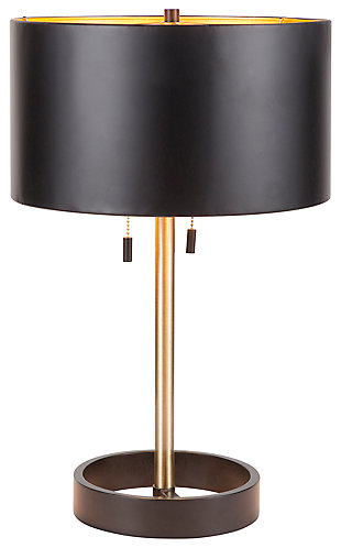 Chic, bold and classy—this refined table lamp draws inspiration from the Art Deco movement. Showcasing a sleek metal shade, two hanging pull chains and a luxurious gold finish, this lamp lights the way to lovely decor.Made of metal | Black and goldtone finish | Sturdy metal base | Metal drum-shaped shade | Pull chain switch | Indoor use only | Requires two 60-watt bulbs (not included) | Ul listed | Assembly required