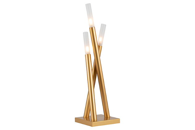 Evoking the chill vibe of contemporary decor, this table lamp leans on simplicity. Add it to your modern space for clean and cool illumination.Made of steel and frosted glass | Sleek goldtone frame | Uses three 40-watt c9 halogen bulbs (not included) | In-line dimmer switch | Power adapter included | Cord length measures 7’ l | Indoor use only | Cul listed | Assembly required