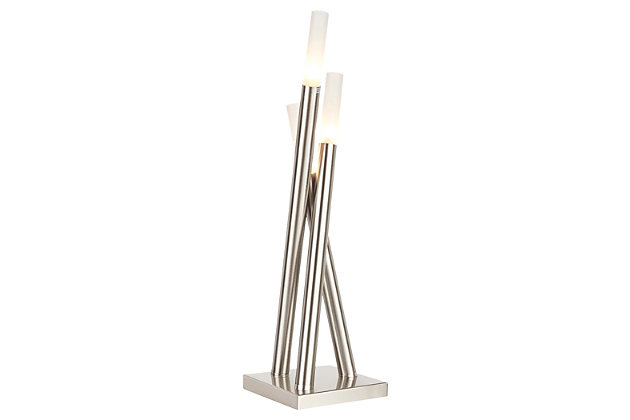 Evoking the chill vibe of contemporary decor, this table lamp leans on simplicity. Add it to your modern space for clean and cool illumination.Made of steel and frosted glass | Brushed nickel-tone finish base and frame | Uses three 40-watt c9 halogen bulbs (not included) | In-line dimmer switch | Power adapter included | Cord length measures 7’ l | Indoor use only | Cul listed | Assembly required