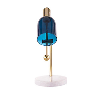 Sophistication never goes out of style. Add a simple, chic accent to your room with this table lamp. With both classic and modern elements, you’ll create an entirely new look that’s all you.Made of glass, steel and marble | Brushed goldtone finish with white marble base and blue glass shade | On/off switch on the base | Requires one 60-watt bulb (not included) | Adjustable height | Indoor use only | Ul listed | Assembly required