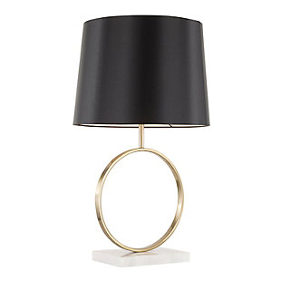 Hole lot a style. This striking table lamp is sure to bring a touch of sophistication to an entry, office area or living space. With its white marble base, goldtone metal stand and black empire shade, it's a dazzling display of form and function.Made of goldtone metal with white marble base | Black fabric empire shade | Requires one 60-watt light bulb (not included) | Indoor use only | On/off switch | Power cord included; ul listed | Assembly required