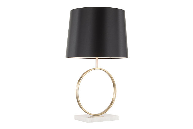 Hole lot a style. This striking table lamp is sure to bring a touch of sophistication to an entry, office area or living space. With its white marble base, goldtone metal stand and black empire shade, it's a dazzling display of form and function.Made of goldtone metal with white marble base | Black fabric empire shade | Requires one 60-watt light bulb (not included) | Indoor use only | On/off switch | Power cord included; ul listed | Assembly required