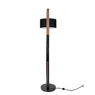 With its overarching sense of style, this sculptural floor lamp brings artistry to light. Arched wood base with metal neck is complemented by a posh black linen shade and sturdy base, providing a retro vibe with modern appeal.Arched walnut-tone wood frame with marble base | Black fabric drum shade | Requires one 60-watt light bulb (not included) | Indoor use only | In-line switch | Power cord included; ul listed | Assembly required