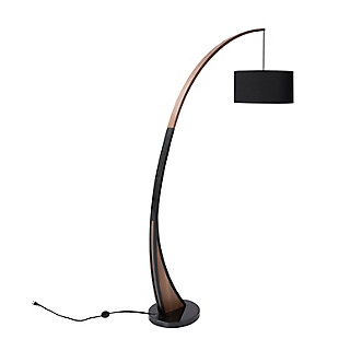 With its overarching sense of style, this sculptural floor lamp brings artistry to light. Arched wood base with metal neck is complemented by a posh black linen shade and sturdy base, providing a retro vibe with modern appeal.Arched walnut-tone wood frame with marble base | Black fabric drum shade | Requires one 60-watt light bulb (not included) | Indoor use only | In-line switch | Power cord included; ul listed | Assembly required
