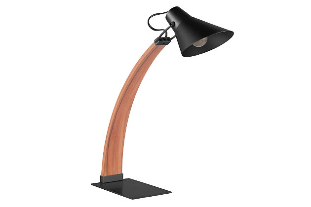 Leaning toward a sleek sense of style? Delight in the form and function of this sculptural table lamp. Arched wood base brings so much artistry to the scene, while adjustable metal shade directs light right where it’s needed.Made of walnut-tone wood with black metal base | Adjustable black metal shade | Requires one 60-watt light bulb (not included) | Indoor use only | In-line switch | Power cord included; ul listed | Assembly required