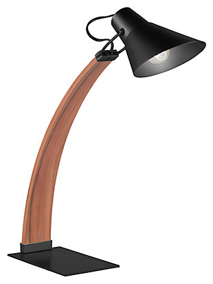 Leaning toward a sleek sense of style? Delight in the form and function of this sculptural table lamp. Arched wood base brings so much artistry to the scene, while adjustable metal shade directs light right where it’s needed.Made of walnut-tone wood with black metal base | Adjustable black metal shade | Requires one 60-watt light bulb (not included) | Indoor use only | In-line switch | Power cord included; ul listed | Assembly required