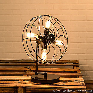 Bring industrial fun to your home with this table lamp. The playful retro design has a four-spoke centerpiece and cage enclosure to mimic the look of a mechanical fan. Add in your own Edison-style light bulbs for a very current look.Made of metal | Antiqued bronze-tone finish | In-line on/off switch | Requires four 40-watt bulbs (not included) | Cul listed | Indoor use only | Assembly required