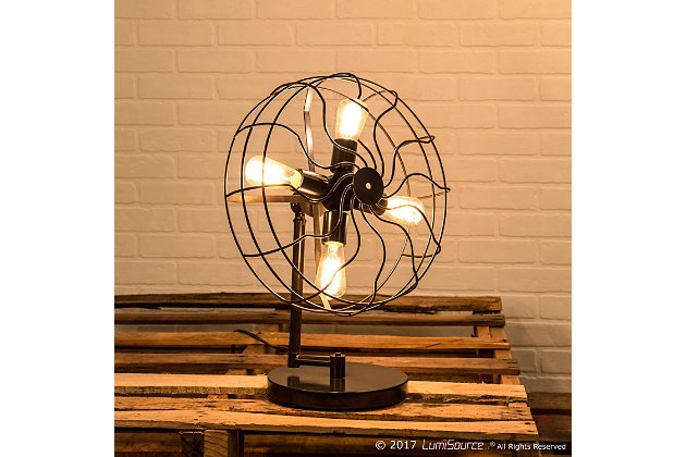 Bring industrial fun to your home with this table lamp. The playful retro design has a four-spoke centerpiece and cage enclosure to mimic the look of a mechanical fan. Add in your own Edison-style light bulbs for a very current look.Made of metal | Antiqued bronze-tone finish | In-line on/off switch | Requires four 40-watt bulbs (not included) | Cul listed | Indoor use only | Assembly required