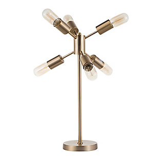 Provide a pop of brilliance in your home with this sleek table lamp. A slim metal design and exposed bulbs bring a refined air to any space.Made of steel | Antiqued brass-tone finish | In-line on/off switch | Requires six 60-watt bulbs (not included) | Exposed light bulbs | Ul listed | Indoor use only | Assembly required