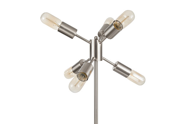 Provide a pop of brilliance in your home with this sleek table lamp. A slim metal design and exposed bulbs bring a refined air to any space.Made of steel | Brushed silvertone finish | In-line on/off switch | Requires six 60-watt bulbs (not included) | Exposed light bulbs | Ul listed | Indoor use only | Assembly required