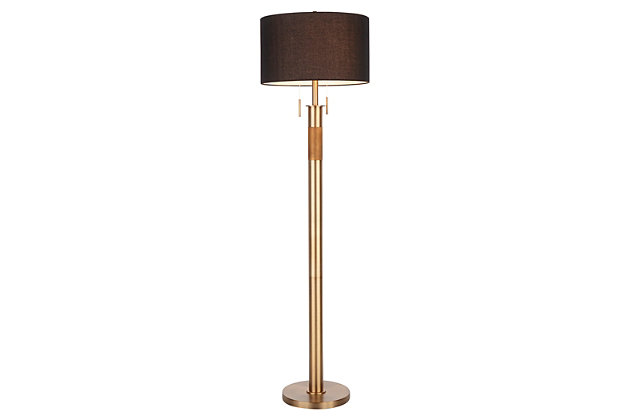 Bring a win to your home decor with this floor lamp. With an industrial flair, it creates a lovely ambient light filtered through the fabric drum shade. Elegant pull chains and textured metal accents add that final touch of modern charm.Made of steel and fabric | Antiqued brass-tone finish | Black fabric drum-shaped shade | Two pull chains | Requires one 60-watt incandescent bulb (not included) | Cord measures 72” l | Ul listed | Indoor use only | Assembly required