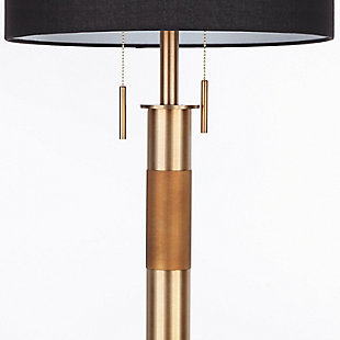 Bring a win to your home decor with this floor lamp. With an industrial flair, it creates a lovely ambient light filtered through the fabric drum shade. Elegant pull chains and textured metal accents add that final touch of modern charm.Made of steel and fabric | Antiqued brass-tone finish | Black fabric drum-shaped shade | Two pull chains | Requires one 60-watt incandescent bulb (not included) | Cord measures 72” l | Ul listed | Indoor use only | Assembly required