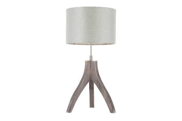 Build your style piece by piece. Add the organic form of this cool lamp to your space and light the way to great decor. Create a look that’s uniquely you.Made of fabric, metal and wood | Natural brown finish | Ash gray fabric empire shade | Unique tripod design | Two-way switch | Cord measures 72” l | Requires one 60-watt bulb (not included) | Indoor use only | Assembly required