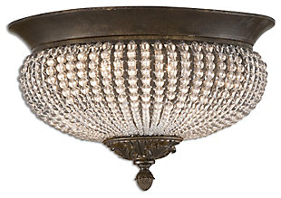 Return to another time and place with this richly traditional glass flush mount light. Painstakingly crafted with rows upon rows of clear glass beads and beautified with an oil-rubbed bronze-tone finish, this striking light fixture is dressed to impress with a sense of elegance and timeless European influence.Made of metal, polyresin and glass | Oil-rubbed bronze-tone finish | 2 type a bulbs; 60 watts max; ul listed | Hardwired fixture; professional installation recommended | Indoor use only | Assembly required