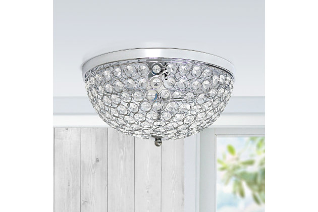 Bejewel your home with this gorgeous two (2) light elipse crystal ceiling flush mount. It features a beautiful metal and crystal tiled shade. This fabulously chic design will be the envy of all your friends!  We believe that lighting is like jewelry for your home. Our products will help to enhance your room with elegance and sophistication.Flawless chrome finish | Beautiful crystal shade | Uses 2 x 60w medium base type b bulbs (not included) | 13" diameter