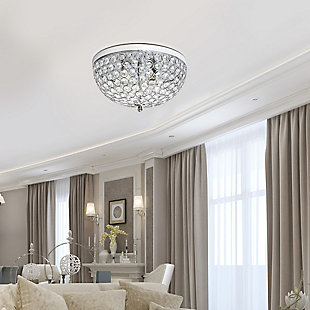 Bejewel your home with this gorgeous two (2) light elipse crystal ceiling flush mount. It features a beautiful metal and crystal tiled shade. This fabulously chic design will be the envy of all your friends!  We believe that lighting is like jewelry for your home. Our products will help to enhance your room with elegance and sophistication.Flawless chrome finish | Beautiful crystal shade | Uses 2 x 60w medium base type b bulbs (not included) | 13" diameter