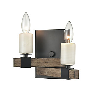 This richly rustic sconce showcases polished stone candles perched atop intersecting arms. Matte black accents are warmed by an earthy aspen wood finish.Made of steel and stone | Led compatible | Uses 2 bulbs (60-watt max); not included | Hardwired; professional installation recommended | Assembly required