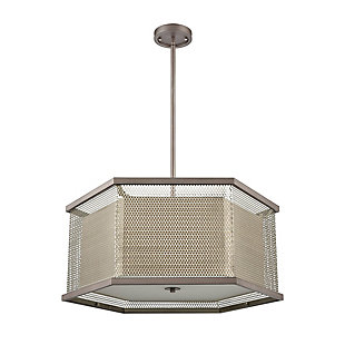 Angular Crestler 6-Light Chandelier in Weathered Zinc and Polished Nickel Mesh with Beige Fabric Shade, , rollover