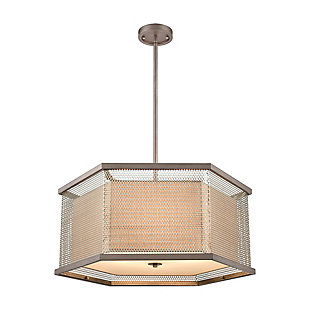 Angular Crestler 6-Light Chandelier in Weathered Zinc and Polished Nickel Mesh with Beige Fabric Shade, , large