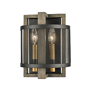 Steel Woodbridge 2-Light Sconce in Weathered Oak and Aged Brass with Matte Black Metal Mesh, , rollover