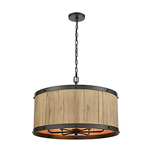 Steel Wooden Barrel 6-Light Chandelier in Oil Rubbed Bronze with Slatted Wood Shade in Natural, Bronze/Natural Finish, rollover