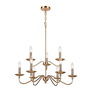 What a simply striking take on tradition. This elegant chandelier showcases timeless design with low-profile arms that gracefully curve outward to support sleek candle holders. Crafted of sturdy steel in a burnished brass-tone finish.Made of steel | Led compatible | Uses 9 bulbs (60-watt max); not included | Hardwired; professional installation recommended | Assembly required