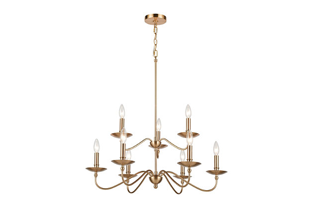 What a simply striking take on tradition. This elegant chandelier showcases timeless design with low-profile arms that gracefully curve outward to support sleek candle holders. Crafted of sturdy steel in a burnished brass-tone finish.Made of steel | Led compatible | Uses 9 bulbs (60-watt max); not included | Hardwired; professional installation recommended | Assembly required