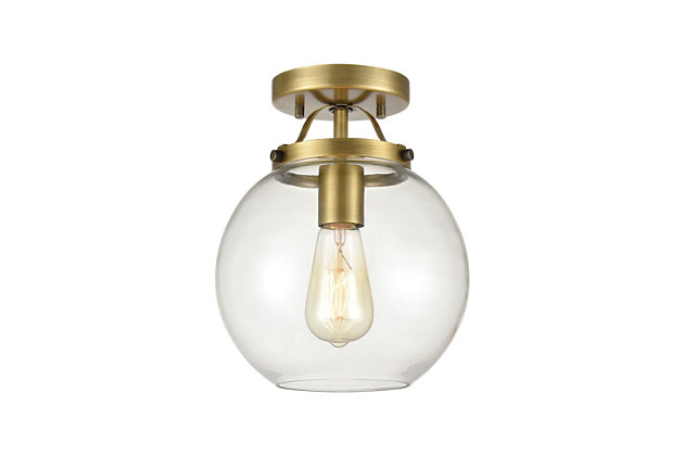 Show off your world-class style with this delightfully transparent semi-flush ceiling light. Large clear glass globe surrounds four sockets for a bright, functional source of illumination. Antique brass-tone steel enhances the modern flair.Made of steel and glass | Led compatible | Uses 1 bulb (60-watt max); not included | Hardwired; professional installation recommended | Assembly required