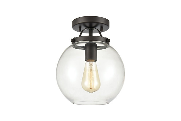 Show off your world-class style with this delightfully transparent semi-flush ceiling light. Large clear glass globe surrounds four sockets for a bright, functional source of illumination. Oil-rubbed bronze-tone steel enhances the modern flair.Made of steel and glass | Led compatible | Uses 1 bulb (60-watt max); not included | Hardwired; professional installation recommended | Assembly required