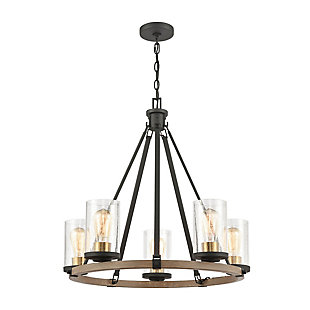 Steel Geringer 5-Light Chandelier in Charcoal and Beechwood with Seedy Glass, , rollover
