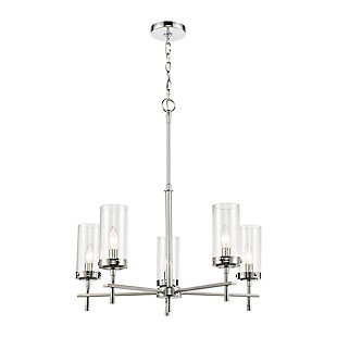 Illuminate a space in a posh, polished way with this delightfully contemporary chandelier. Cylindrical seeded glass complements the light fixture's tall proportions and sleek styling. Polished chrome-tone steel ups the wow factor.Made of steel and glass | Led compatible | Uses 5 bulbs (60-watt max); not included | Hardwired; professional installation recommended | Assembly required