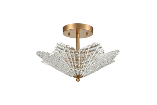 A beautiful example of Art-deco inspired design, this elegant semi-flush pendant light is that timeless piece you’ve been searching for. Thick and shapely clear glass shade is paired with satin brass-tone steel for a luxe, luminous touch.Made of steel and glass | Led compatible | Uses 3 bulbs (60-watt max); not included | Hardwired; professional installation recommended | Assembly required