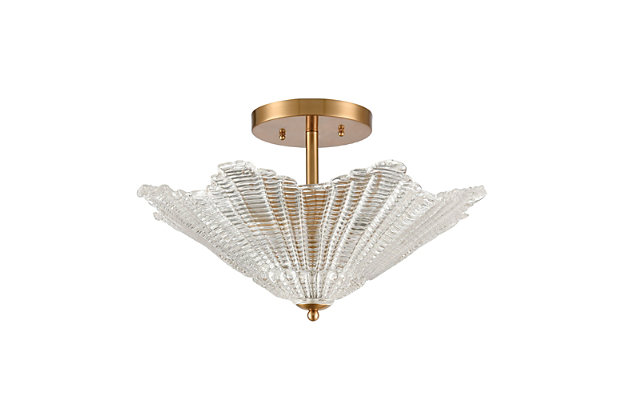 A beautiful example of Art-deco inspired design, this elegant semi-flush pendant light is that timeless piece you’ve been searching for. Thick and shapely clear glass shade is paired with satin brass-tone steel for a luxe, luminous touch.Made of steel | Led compatible | Uses 4 bulbs (60-watt max); not included | Hardwired; professional installation recommended | Assembly required