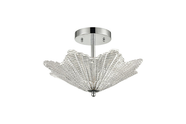 A beautiful example of Art-deco inspired design, this elegant semi-flush pendant light is that timeless piece you’ve been searching for. Thick and shapely clear glass shade is paired with polished chrome-tone steel for a luxe, luminous touch.Made of steel and glass | Led compatible | Uses 3 bulbs (60-watt max); not included | Hardwired; professional installation recommended | Assembly required