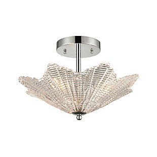 A beautiful example of Art-deco inspired design, this elegant semi-flush pendant light is that timeless piece you’ve been searching for. Thick and shapely clear glass shade is paired with polished chrome-tone steel for a luxe, luminous touch.Made of steel and glass | Led compatible | Uses 3 bulbs (60-watt max); not included | Hardwired; professional installation recommended | Assembly required
