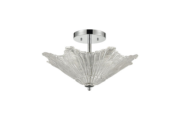 A beautiful example of Art-deco inspired design, this elegant semi-flush pendant light is that timeless piece you’ve been searching for. Thick and shapely clear glass shade is paired with polished chrome-tone steel for a luxe, luminous touch.Made of steel and glass | Led compatible | Uses 4 bulbs (60-watt max); not included | Hardwired; professional installation recommended | Assembly required