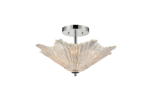 A beautiful example of Art-deco inspired design, this elegant semi-flush pendant light is that timeless piece you’ve been searching for. Thick and shapely clear glass shade is paired with polished chrome-tone steel for a luxe, luminous touch.Made of steel and glass | Led compatible | Uses 4 bulbs (60-watt max); not included | Hardwired; professional installation recommended | Assembly required