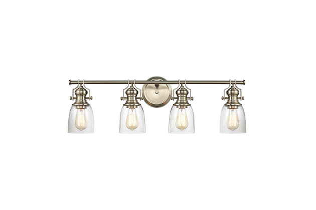 Whether you delight in modern farmhouse, industrial or contemporary design, you’re sure to find this posh vanity light looks right at home. Quality crafted of sturdy steel in a satin nickel-tone finish with spun socket holder with oversized thumbscrews for a mechanical aesthetic. Seeded glass makes for lovely light diffusion.Made of steel and glass | Led compatible | Uses 2 bulbs (60-watt max); not included | Hardwired; professional installation recommended | Assembly required