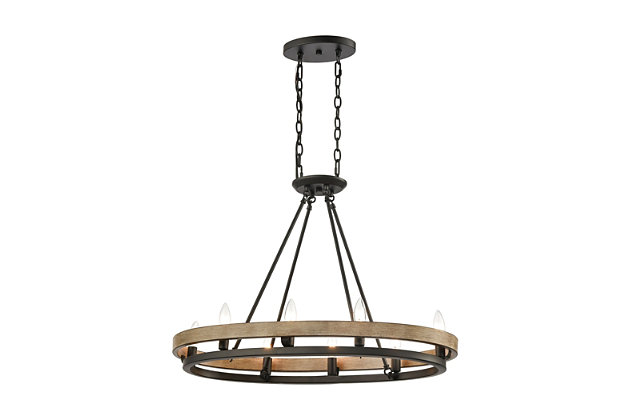 If you love incorporating natural elements into your space, delight in the beauty and symmetry of this chandelier with a double ring design. Two-tone matte black and woody aspen finish is so alluring.Made of steel | Led compatible | Uses 8 bulbs (60-watt max); not included | Hardwired; professional installation recommended | Assembly required