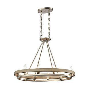 If you love incorporating natural elements into your space, delight in the beauty and symmetry of this chandelier with a double ring design. Two-tone silver nickel and beachwood finish is so alluring.Made of steel | Led compatible | Uses 8 bulbs (60-watt max); not included | Hardwired; professional installation recommended | Assembly required
