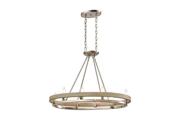 If you love incorporating natural elements into your space, delight in the beauty and symmetry of this chandelier with a double ring design. Two-tone silver nickel and beachwood finish is so alluring.Made of steel | Led compatible | Uses 8 bulbs (60-watt max); not included | Hardwired; professional installation recommended | Assembly required