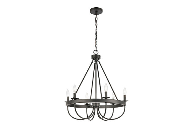 Taking an edited approach to traditional style, this simply beautiful chandelier is pure delight. Curved arm styling adds a lovely sense of flow. Matte black finish incorporates a modern element that feels fresh and now.Made of steel | Led compatible | Uses 6 bulbs (60-watt max); not included | Hardwired; professional installation recommended | Assembly required