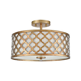 Drum Design Arabesque 3-Light Semi Flush in Bronze Gold with White Fabric Shade, , rollover