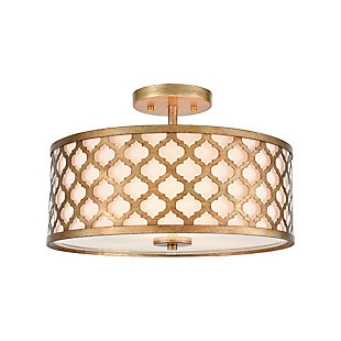 Drum Design Arabesque 3-Light Semi Flush in Bronze Gold with White Fabric Shade, , large