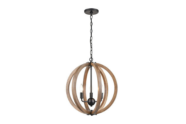 Mix it up in a beautiful way with this striking sphere chandelier. Matte black metal contrasts a birchwood-tone wood frame for a sense of earthy elegance that’s right on trend.Made of steel and wood | Led compatible | Uses 3 bulbs (60-watt max); not included | Hardwired; professional installation recommended | Assembly required