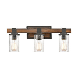 Whether your style is industrial, modern farmhouse or eclectic, delight in the versatility of this vanity light. Features a rustic combination of metalwork and seeded glass cylinders suspended from rugged-loo brackets. Two-tone finish combines a wood look with distressed black for double impact.Made of steel and glass | Led compatible | Uses 3 bulbs (60-watt max); not included | Hardwired; professional installation recommended | Assembly required