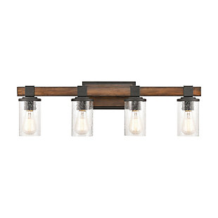 Whether your style is industrial, modern farmhouse or eclectic, delight in the versatility of this vanity light. Features a rustic combination of metalwork and seeded glass cylinders suspended from rugged-looking brackets. Two-tone finish combines a wood look with distressed black for double impact.Made of steel and glass | Led compatible | Uses 3 bulbs (60-watt max); not included | Hardwired; professional installation recommended | Assembly required