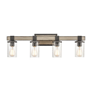Whether your style is industrial, modern farmhouse or eclectic, delight in the versatility of this vanity light. Features a rustic combination of metalwork and a seeded glass cylinder suspended from a rugged-looking bracket. Two-tone finish combines a distressed antique graywood with iron-tone accents for double impact.Made of steel and glass | Led compatible | Uses 1 bulb (60-watt max); not included | Hardwired; professional installation recommended | Assembly required