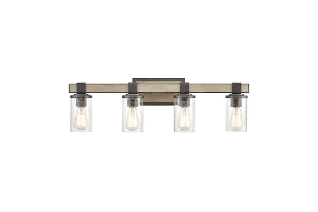 Whether your style is industrial, modern farmhouse or eclectic, delight in the versatility of this vanity light. Features a rustic combination of metalwork and a seeded glass cylinder suspended from a rugged-looking bracket. Two-tone finish combines a distressed antique graywood with iron-tone accents for double impact.Made of steel and glass | Led compatible | Uses 1 bulb (60-watt max); not included | Hardwired; professional installation recommended | Assembly required